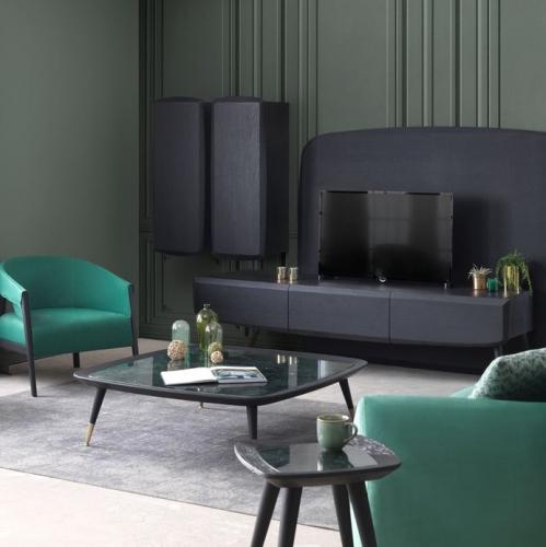 Table Basse de Luxe Noire et Verte avec Accents en Laiton Antique et Plateau en Marbre par Luxury Group International