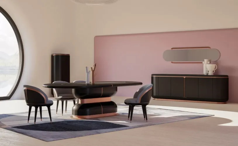 Luxury Black Grey Upholstered Modern Dining Chair with Copper Finish Design Lifestyle View by Luxury Group International