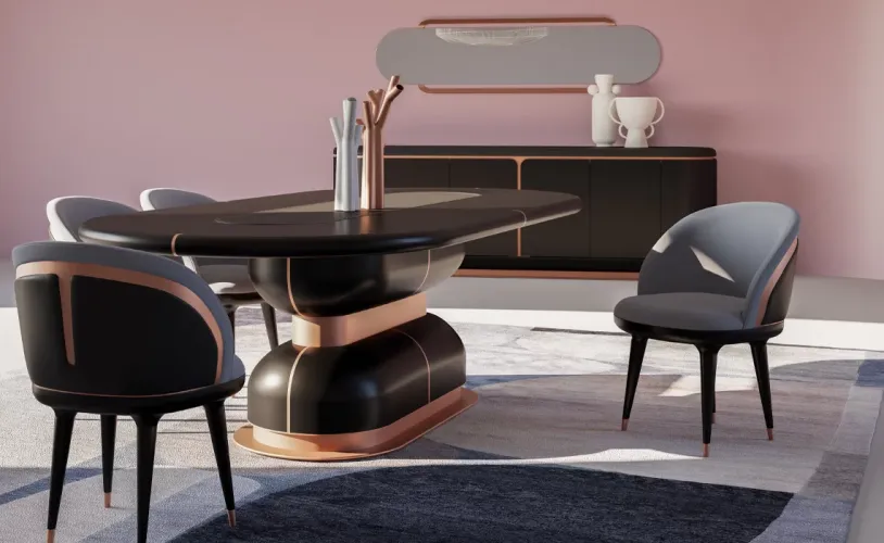 Luxury Black Grey Upholstered Modern Dining Chair with Copper Finish Design by Luxury Group International