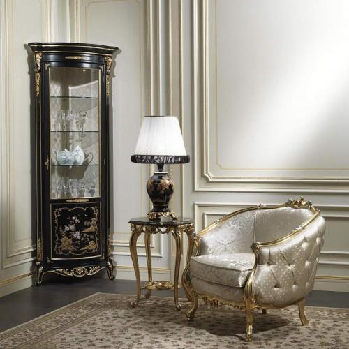 Luxury Black Lacquered Baroque Corner Display Cabinet with Ornate Gold Leaf Trim - Royal Furniture Front View by Luxury Group International