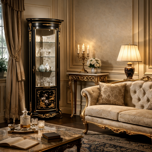 Luxury Black Lacquered Baroque Corner Display Cabinet with Ornate Gold Leaf Trim - Royal Furniture Lifestyle View by Luxury Group International