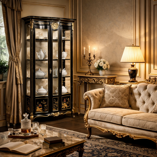 Luxus Schwarz Lackierter Barocker Vitrinenschrank mit Doppeltüren und Ornamentaler Goldblattverzierung – Royal Furniture Lifestyle-Ansicht von Luxury Group International