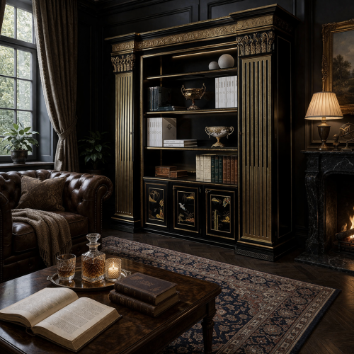 Luxury Black Lacquered Baroque Shelve with Ornate Gold Leaf Trim & Hand-Painted Storage Panels - Royal Furniture Lifestyle View by Luxury Group International