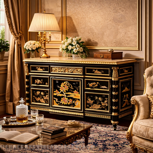 Luxury Black Lacquered Chinoiserie Baroque Chest of Drawers with Gold Leaf & Cream Marble Top - Royal Furniture Lifestyle View by Luxury Group International