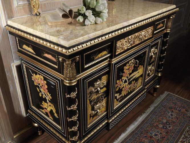 Luxury Black Lacquered Chinoiserie Baroque Chest of Drawers with Gold Leaf & Cream Marble Top - Royal Furniture Front View by Luxury Group International