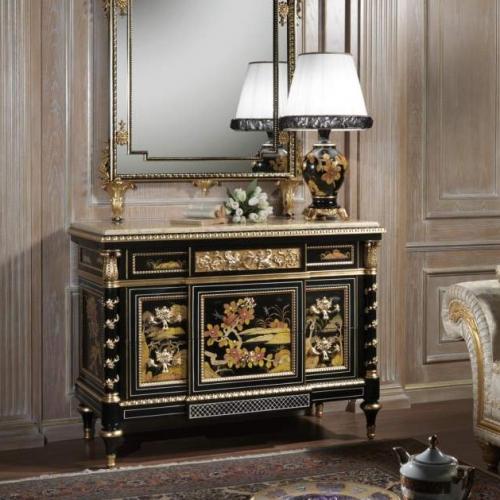 Luxury Black Lacquered Chinoiserie Baroque Chest of Drawers with Gold Leaf & Cream Marble Top - Royal Furniture Front View by Luxury Group International
