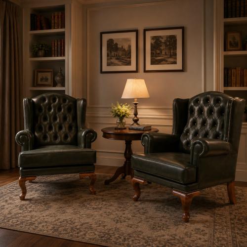 Sofá de cuero negro de lujo con respaldo Chesterfield capitoné profundo y respaldo alto con orejas - Muebles para sala de estar Vista lifestyle por Luxury Group International