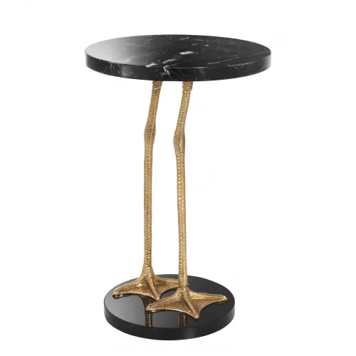 Luxury Black Marble Round Top Side Table with Polished Brass Flamingo Leg on Granite by Luxury Group International