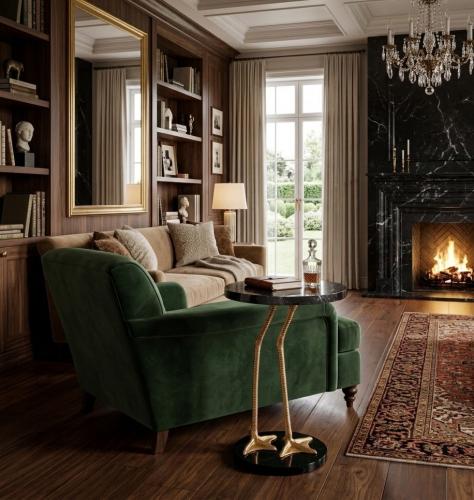 Luxury Black Marble Round Top Side Table with Polished Brass Flamingo Leg on Granite by Luxury Group International