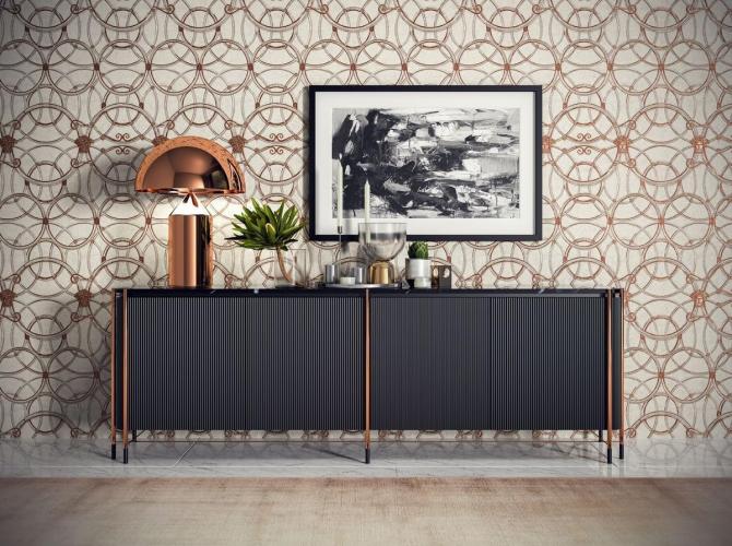 Buffet de Luxe Noir/Noir Mat/Cuivre avec Plateau en Marbre Armoire en Bois Massif 240cm par Luxury Group International