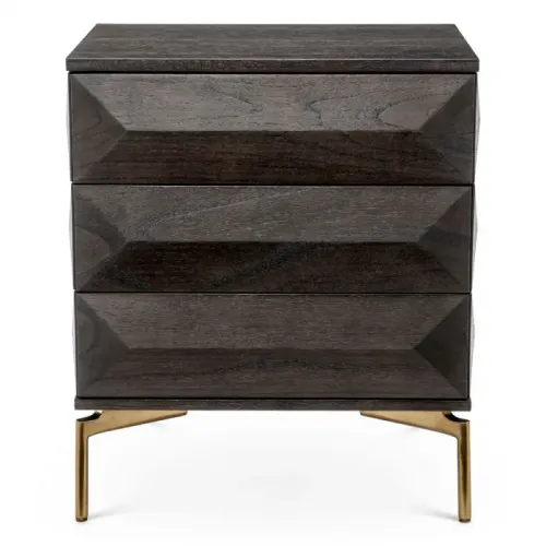 Luxury black Mocha oak veneer Nightstand brushed brass finish legs by Luxury Group International