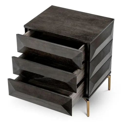 Luxury black Mocha oak veneer Nightstand brushed brass finish legs by Luxury Group International