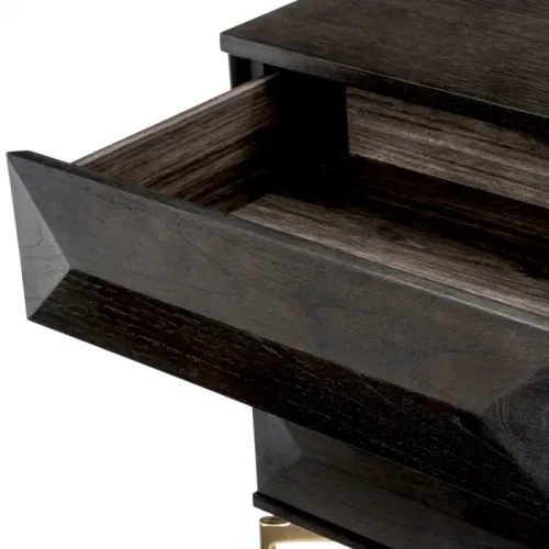 Luxury black Mocha oak veneer Nightstand brushed brass finish legs by Luxury Group International