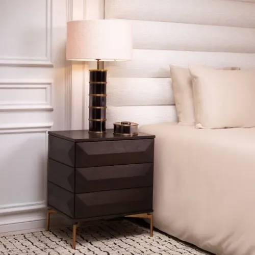 Luxury black Mocha oak veneer Nightstand brushed brass finish legs by Luxury Group International