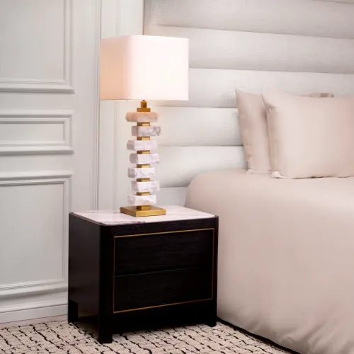 Luxury Black Rectangular Veneer Nightstand with white Marble Top by Luxury Group International
