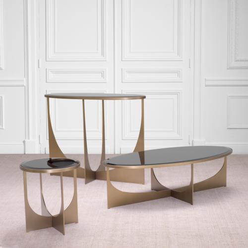 Luxury Black Round Glass Top Side Table Brushed Brass Finish by Luxury Group International
