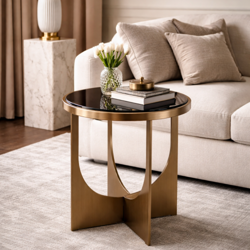 Luxury Black Round Glass Top Side Table Brushed Brass Finish by Luxury Group International