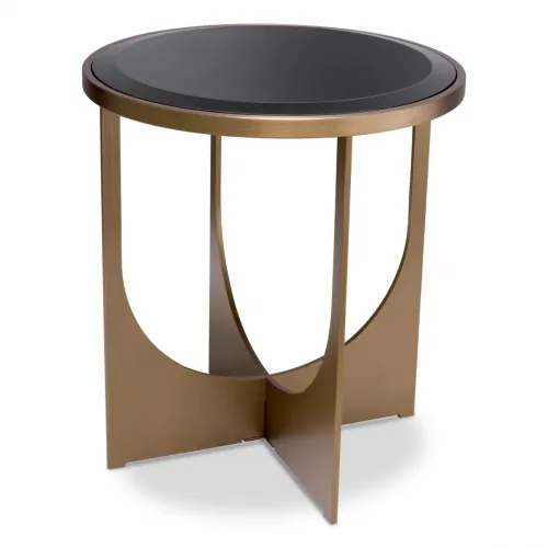 Luxury Black Round Glass Top Side Table Brushed Brass Finish by Luxury Group International