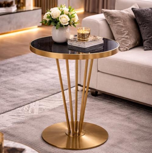 Luxury Black Round Honed Marble Top Side Table with Brushed Brass Base by Luxury Group International