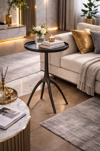 Luxury Black Round Top Raised Edge Bronze Finish Side Table with Sculptural Branch Base by Luxury Group International