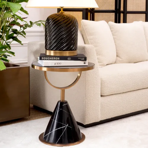Luxury Black Round Top Faux Marble Base Side Table Brushed Copper Rim for Home Decor by Luxury Group International