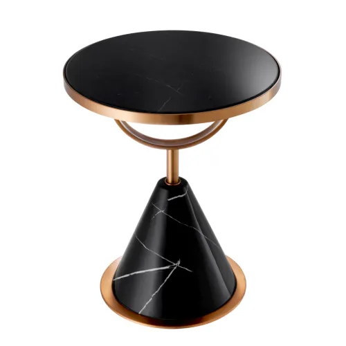 Luxury Black Round Top Faux Marble Base Side Table Brushed Copper Rim for Home Decor by Luxury Group International
