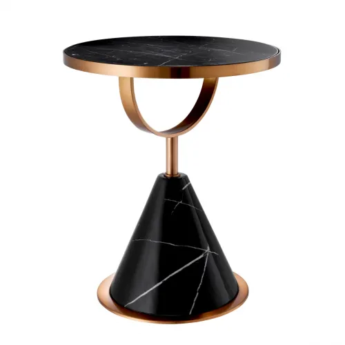 Luxury Black Round Top Faux Marble Base Side Table Brushed Copper Rim for Home Decor by Luxury Group International