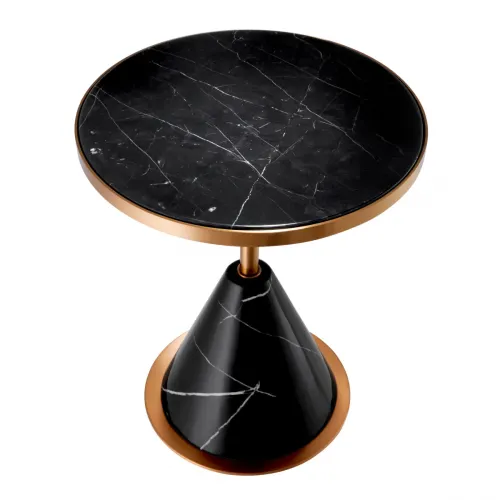 Luxury Black Round Top Faux Marble Base Side Table Brushed Copper Rim for Home Decor by Luxury Group International