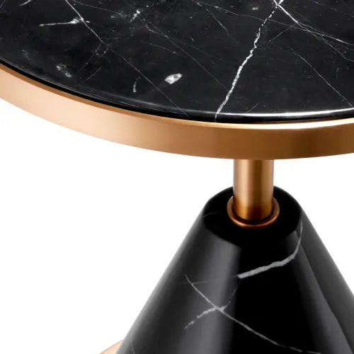 Luxury Black Round Top Faux Marble Base Side Table Brushed Copper Rim for Home Decor by Luxury Group International