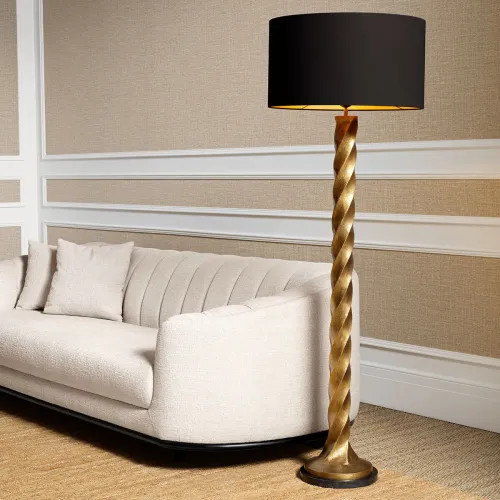 Luxus Stehlampe mit schwarzem Schirm und gedrehtem Spiralstamm in Vintage-Messing-Finish von Luxury Group International