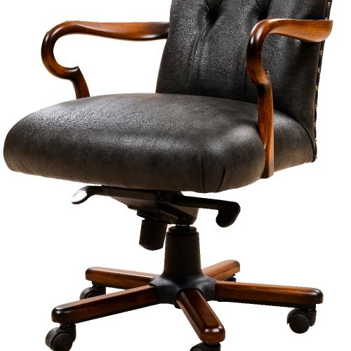 Silla de Oficina de Lujo Negra con Tapizado Capitoneado en Cuero y Reposabrazos Esculpidos en Madera - Mobiliario de Oficina Vista detalle por Luxury Group International