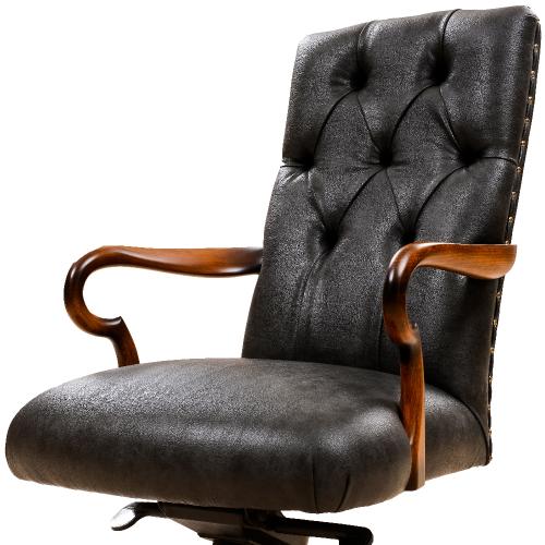 Silla de Oficina de Lujo Negra con Tapizado Capitoneado en Cuero y Reposabrazos Esculpidos en Madera - Mobiliario de Oficina Vista frontal por Luxury Group International