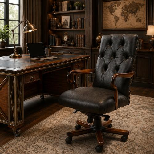 Silla de Oficina de Lujo Negra con Tapizado Capitoneado en Cuero y Reposabrazos Esculpidos en Madera - Mobiliario de Oficina Vista lifestyle por Luxury Group International