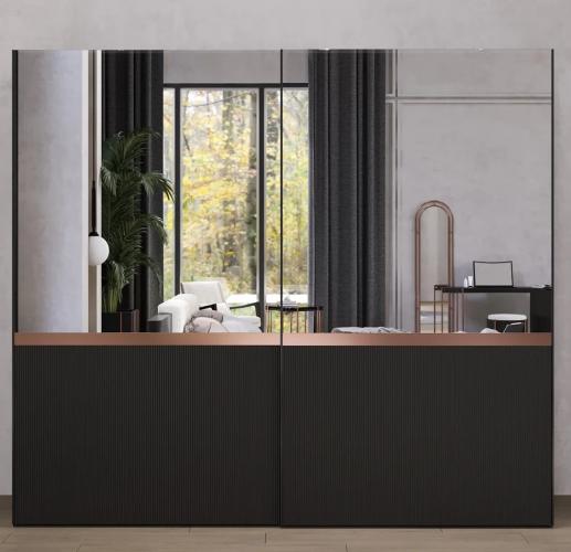 Armario de Dormitorio Negro de Lujo con Acabado Negro Mate, Espejo y Elegantes Detalles en Cobre por Luxury Group International