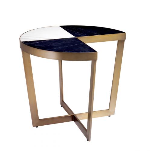 Luxury Black & White 3-Quarter Design Marble Top Side Table with Brushed Brass Finish by Luxury Group International