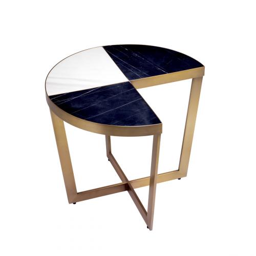 Luxury Black & White 3-Quarter Design Marble Top Side Table with Brushed Brass Finish by Luxury Group International