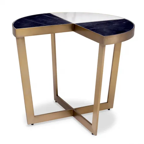 Luxury Black & White 3-Quarter Design Marble Top Side Table with Brushed Brass Finish by Luxury Group International