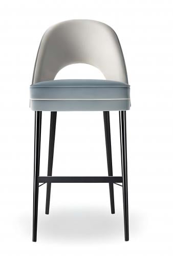 Luxuriöser blauer und elfenbeinfarbener Polster-Barhocker mit gebogenem Bogenrücken und schwarzen konischen Beinen von