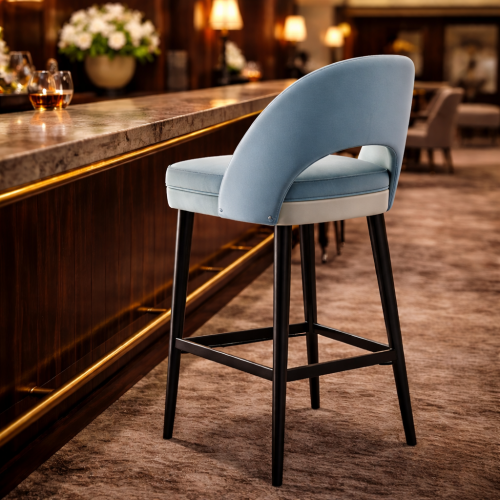 Luxury Blue and Ivory Upholstered Bar Stool with Curved Arch Back and Black Tapered Legs by Luxury Group International