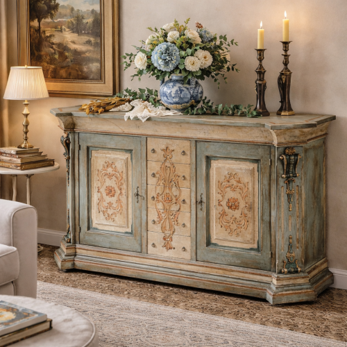 Buffet baroque bleu-gris de luxe à finition vieillie avec panneaux floraux ornés et rangement multi-tiroirs Vue lifestyle par Luxury Group International