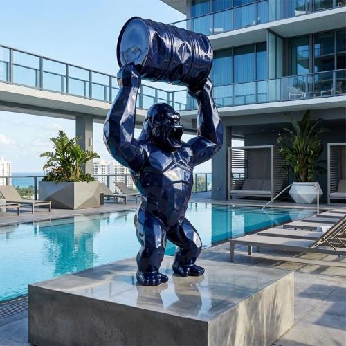 Luxury Blue Metallic Geometric Gorilla Sculpture - Modern Sculpture Lifestyle View by Luxury Group International
