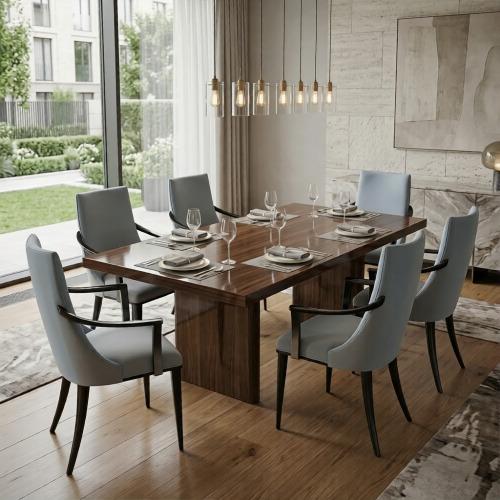 Luxury Blue Upholstered Dining Armchair with Curved High-Back in Black Tapered Wooden Frame - Dining Room Furniture Lifestyle View by Luxury Group International