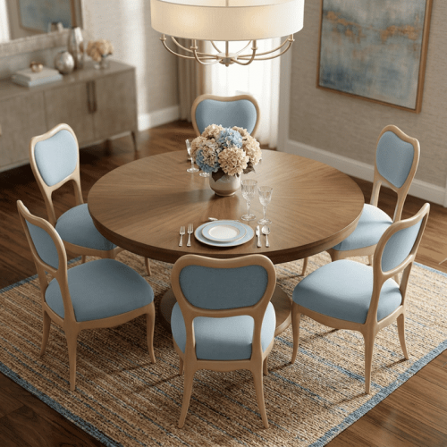 Luxury Blue Upholstered Dining Chair in Sculpted Cream Wooden Frame with Curved Backrest - Dining Room Furniture Lifestyle View by Luxury Group International