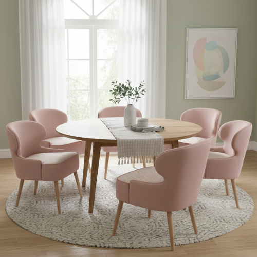 Luxury Blush Pink Upholstered Curved Back Dining Armchair with Patterned Seat and Tapered Oak Legs by Luxury Group International