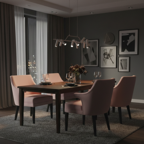 Luxus gepolsterter Esstischsessel in Blush Pink mit geformten Armlehnen und schwarzen Holzbeinen von Luxury Group International