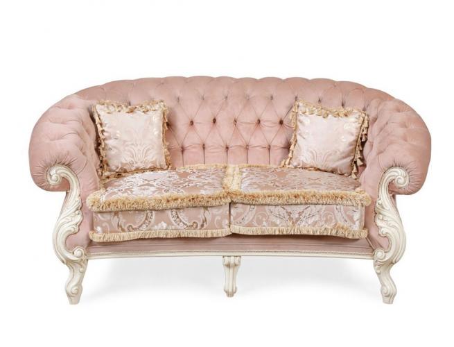 Luxury Blush Pink Velvet Tufted 2-Seater Baroque Sofa with Ivory Carved Frame Front View by Luxury Group International