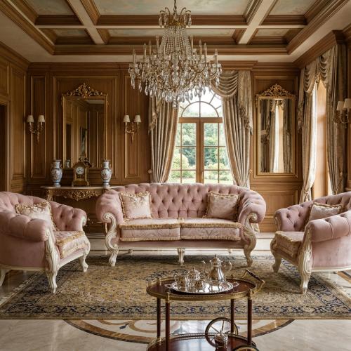 Luxury Blush Pink Velvet Tufted 2-Seater Baroque Sofa with Ivory Carved Frame Lifestyle View by Luxury Group International