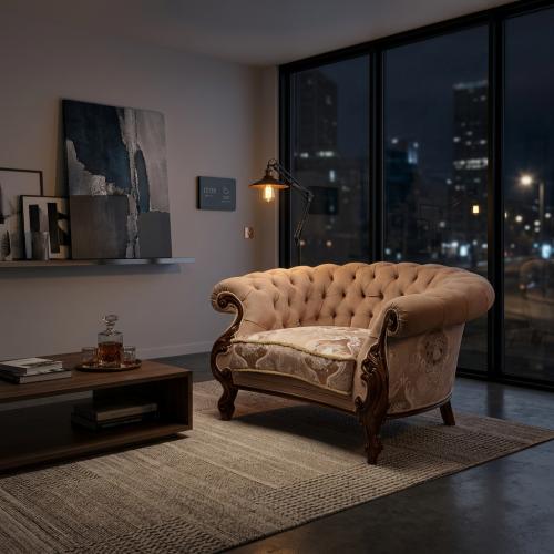 Luxury Blush Velvet Baroque Armchair Sofa with Walnut Carved Frame - Living Room Furniture Lifestyle View by Luxury Group International