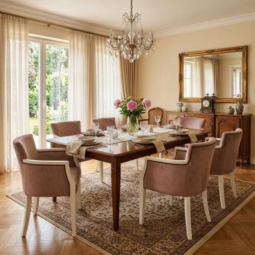 Fauteuil de Salle à Manger de Luxe en Velours Blush avec Structure en Bois Ivoire et Clous Décoratifs Vue lifestyle par Luxury Group International