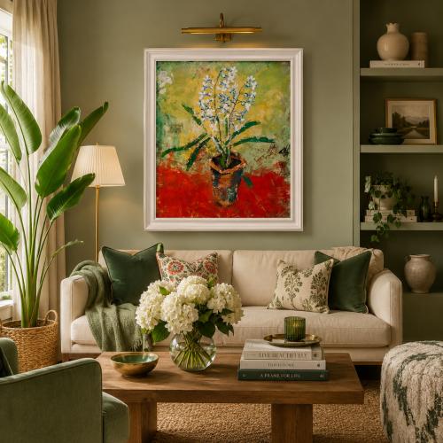 Luxuriöse botanische Blumen-Wandkunst mit weißen Blüten und expressionistischem Vasen-Design von Luxury Group International